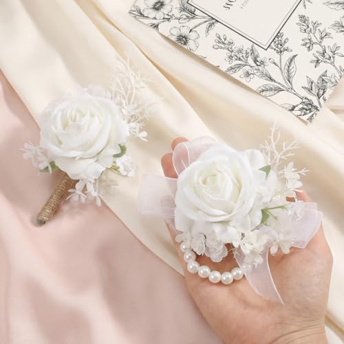 Grevosea 2 Pcs White Rose Corsage and Boutonniere Set, Artificial Wrist Double Pearl Corsage Wristlet Bracelets, Men Boutonniere for Wedding Party Formal Dinner Flowers Accessories Prom Suit Decor - color: White
