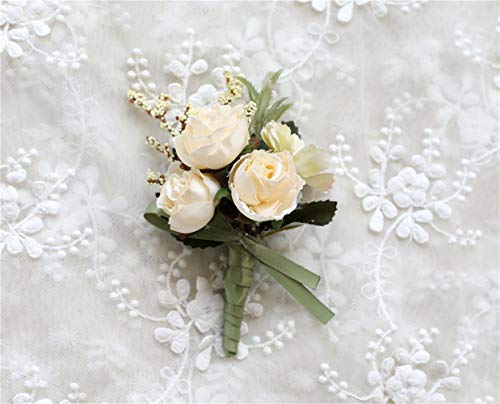 Rose Wedding Wrist Corsage and Boutonniere Set Party Prom Hand Ribbon Flower Suit Decor (Beige) - color: Beige