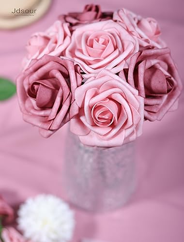 50pcs Artificial Flower，Real Touch Foam Roses w/Stem DIY for Wedding Bouquet Centerpieces Party Shower Home Decor-Shabby Rose Pink - color: Shabby Rose Pink