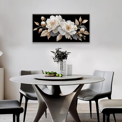 Canvas Wall Art Decor Elegant White Flower Picture Artwork For Walls Bedroom Office Living Room Apartment Kitchen 20x40 Inch Home Wall Decor Modern Wall Art Decor Ready To Hang - color: White Black Gold, size: 40"L x 20"W
