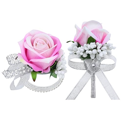 2Pcs Pink Rose Corsage and Men Boutonniere Set Women Wristlet Band Wrist Bracelets, for Prom Wedding Ceremony Flowers Decorations and Homecoming Party Accessories - color: Pink, size: 1 Boutonniere & 1 Wrist Corsage