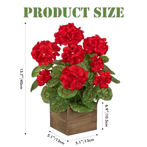 Briful Artificial Geraniums Flowers in Square Wooden Box, Faux Red Silk Geranium Potted Plant, 15.7" Fake Floral Arrangement for Rustic Farmhouse Home Kitchen Table Centerpiece Patio Décor - color: Red#584