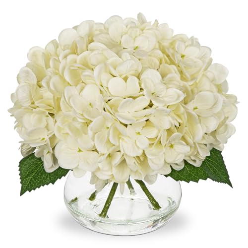 Hollyone Ivory White Hydrangea Artificial Flowers with Glass Vase Green Silk Faux Flowers Arrangements in Vase with Faux Water Fake Floral Bulk Bouquet for Home Decor Table Centerpiece Decorations - color: Hydrangea, Ivory