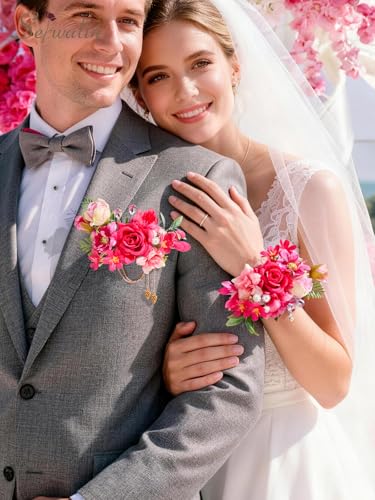 Serwalin 2Pcs Corsage and Boutonniere Set,Hot Pink Rose Corsage Wristlet and Pocket Boutonniere for Prom Wedding Homecoming Anniversary Graduation - color: Hot Pink