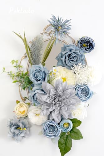 Artificial Flower Combination Box Set Artificial Flower Loose Leaves and Stems DIY Wedding Center Bouquet Bride Wedding Baby Shower(Grey White Blue) - color: Grey White Blue