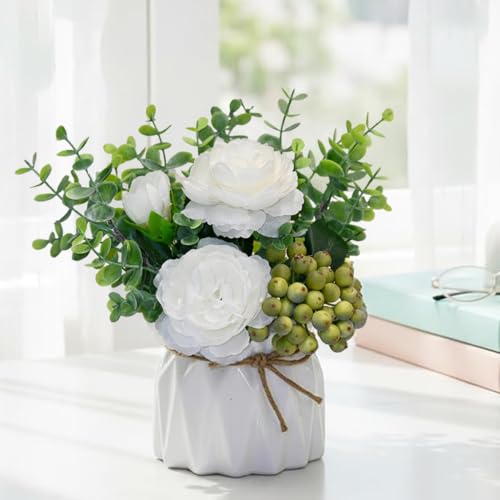 LADADA White Artificial Flowers with White Vase for Table Centerpiece Home Decor - color: White Rose