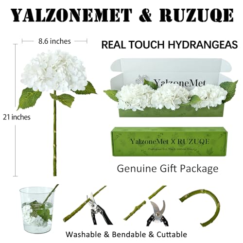 YalzoneMet 3 PCS White Hydrangea Artificial Flowers 21 inchs Real Touch Faux Hydrangea Flowers for Wedding Tables Centerpieces Fake Flowers for Party Home Kitchen Decor - color: White