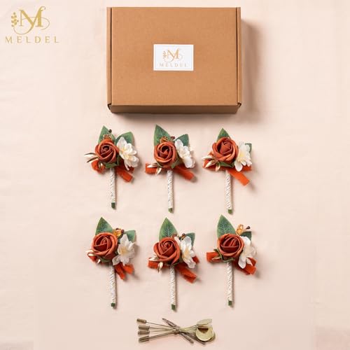 6Pcs Burnt Orange/Terracotta Faux Foam Rose Boutonnieres for Men | Artificial Rose Boutonnieres for Men Wedding Prom Groom Groomsmen Homecoming Party Suit Decoration - color: Orange Corsage