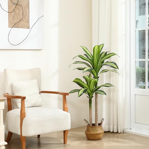 Ferrgoal Artificial Plants, 4 Ft Dracaena Tree Faux Plants Indoor Outdoor Decor Fake Tree with Woven Seagrass Basket Plants for Home Decor Office Living Room Porch Patio Housewarming | Tall Fake Plant With Realistic Leaves,Floor Plant for Home Décor Offic