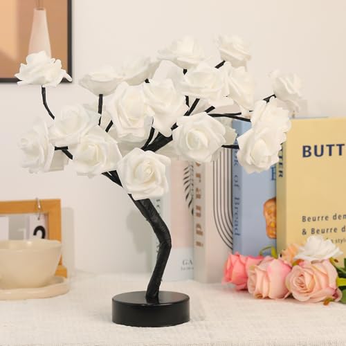 Drawelry Rose Flower Tree Lamp - LED Rose Tree Table Lamp USB/Battery Powered Artificial Bonsai Flower Night Light for Bedroom Living Room Party Wedding Valentines Mothers Day Decor (White) - color: White
