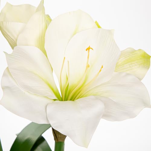 Briful White Amaryllis Fake Flowers 17.3'' Tall Silk Amaryllis Plant in Black Pot Artificial Floral Arrangement with Decorative Bulb for Home Office Bathroom Kitchen Table Holiday Décor - color: White, size: Black Plastic Pot