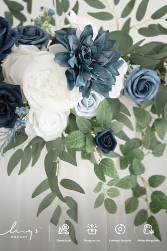 Ling's moment 6.5FT Backdrop Floral Garland, Spring Artificial Wedding Arch Flowers Sage Green, Navy Blue Ceremony Reception Hanging Eucalyptus Rose Arbor Arrangement Outdoor Beach Swag Home Decor - color: Blu-dusty Blue & Navy