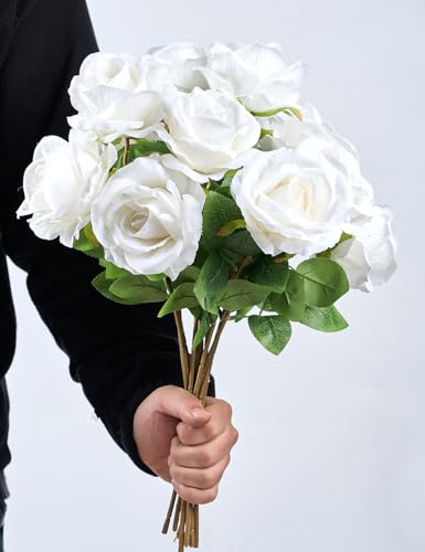 PONKING 3.5"(9cm) Rose Artificial Flower 12pcs Realistic Faux Silk Roses Fake Flowers Bouquets Arrangements Decor for Wedding Mother's Day, Home Table Christmas Valentine Decorations, White Flower - color: D 12pcs White Rose