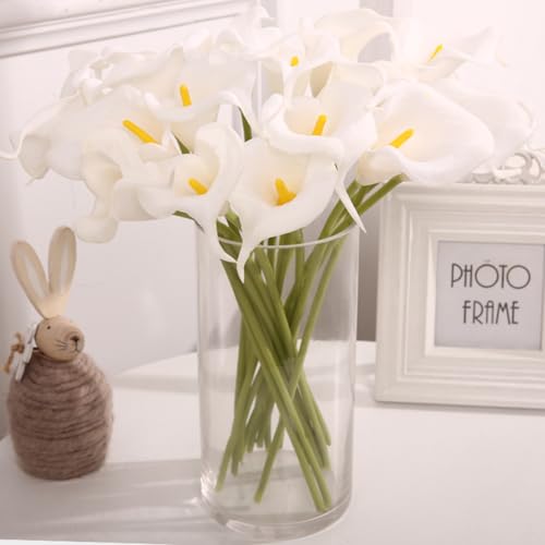 Calla Lily Bridal Wedding Festival Decor Bouquet Real Touch Latex Flower Bouquet Pack of 20 (Yellow-White) - color: White