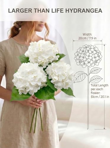 3 Pcs Real Touch White Hydrangea Artificial Flowers - 20" Large Jumbo 3D Latex Creamy White Faux Hydrangeas for Wedding Centerpieces, Bridal Bouquet, Floral Arrangement in Vase (Creamy White) - color: Creamy Withe