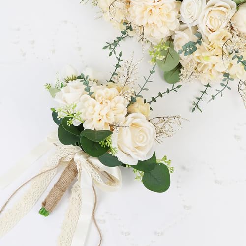Set of 2 Bridesmaid Bouquets for Wedding, 9 Inch Boho Bridesmaid Flowers for Ceremony Anniversary Centerpieces Decorations, Artificial Rose Bouquets Vintage - Beige - color: Beige, size: Set of 2 Bridesmaid Bouquets