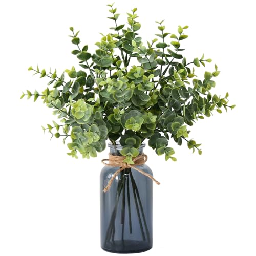 Leftover 8 PCS Faux Eucalyptus Stems in Black Glass Vase,Fake Plants Greenery Stems for Centerpiece Table Decorations,Fake Plants for Black Bathroom Decor(Sage Green) - color: Green