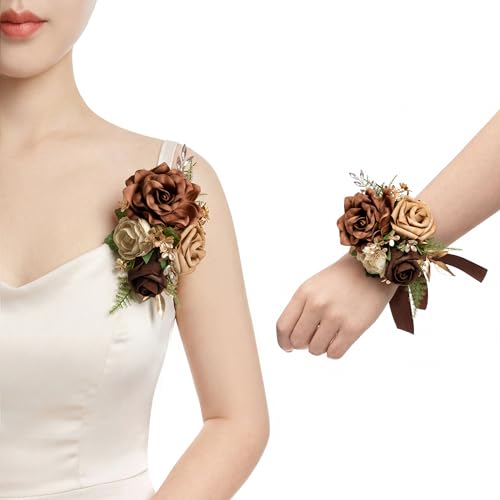Ling's moment 2pcs Prom Wrist/Shoulder Corsage Artificial Flower, Girl/Mother Homecoming/Wedding Corsage Wristlet Décor, etc. Walnut Brown Golden Glove - color: Brn-walnut Brown & Golden Glove