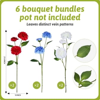 INXUGAO Artificial Flowers for Vase,6 Bunches Fake 27.5“ Long Stems Silk Pompon Dahlia for Indoor Outdoors Home Decor, Front Door Porches Yard Patio Garden Planters - [2 Red + 2 Blue + 2 White] - color: Redbluewhite