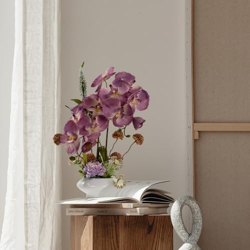 LESING Orchids Flowers Arrangement in Pot,Fake Silk Orchid Artificial Flower with Ceramic Vase Faux Orchid Flower Bonsai Vivid Phalaenopsis Flowers Potting Decoration (White Vase,Purple) - color: White Vase,purple