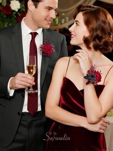 Serwalin Red Corsage and Boutonniere Set, Prom Corsage and Boutonniere Set of Wedding Flowers Homecoming Accessories Party Suit Decoration - color: Red, size: 1 Boutonniere & 1 Wrist Corsage - 2pcs