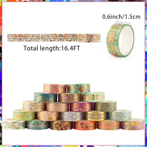 Washi Tape Set 20 Rolls Gold Foil Floral Decorative Tape Vintage Aesthetic Masking Tape for Arts Scrapbooking, Bullet Journaling, DIY Crafts, Planners, Gift Wrapping - style: Gold Foil Floral