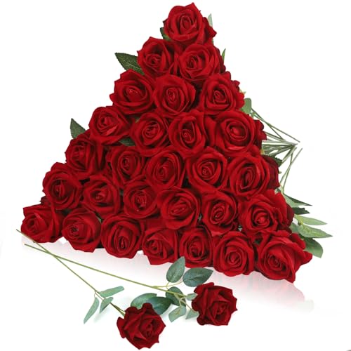 30pcs Fake Roses Artificial Silk Flowers Long Stems Bouquet for Wedding Bridal Shower Party Home Decoration (Burgundy) - color: Burgundy