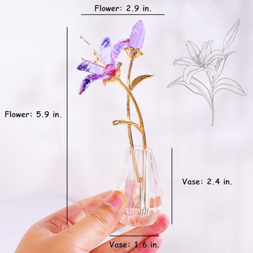 YWHL Purple Lily Flower Gifts for Women, Handmade Crystal Lily Flower Figurine Collectible with Vase, Home Wedding Party Decor - color: Purple