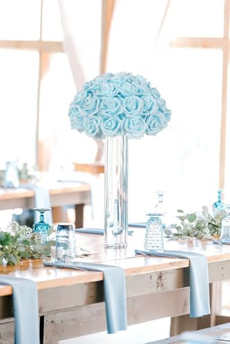 IPOPU Artificial Rose Flower Heads, 100pcs Light Blue Foam Fake Roses Bulk 3in Stemless Flowers for DIY Wedding Baby Shower Centerpieces Arrangements Party Tables Home Decorations (Light Blue) - color: Light Blue