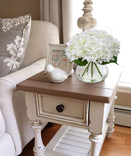Hollyone Hydrangea Artificial Flowers with Vase White Silk Fake Flowers Arrangements in Glass Vase with Faux Water for Home Bathroom Office Table Centerpiece Shelf Decorations - color: Hydrangea, White