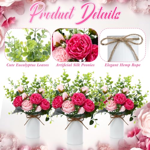 6 Sets Artificial Peonies Flowers, 6 Artificial Peony with Vase 6 Faux Eucalyptus, Faux Silk Peony Bouquet Spring Flowers for Decoration Wedding Party Home Dining (Pink) - color: Pink