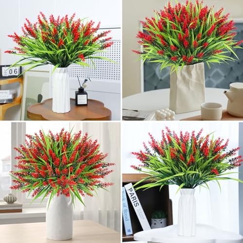 Ouddy Decor 24 Bundles Artificial Flowers for Outdoors, Fake Lavender Flowers Monkey Grass Faux Plastic Plants Shrubs UV Resistant for Porch Garden Window Box Office Home Decorations, Red - color: Red