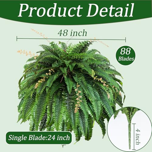 2pcs 48in 88 Blades Artificial Boston Ferns for Outdoors Large, UV Resistant Faux Outdoor Plants,Weatherproof Fake Ferns Plants Outdoor Indoor for Garden Porch Patio Home Decor - color: Bosten Fern, size: 2Pcs