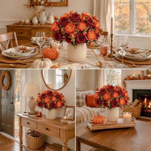 Artificial Peony Silk Flower Bouquet, Fake Burgundy Flowers Autumn Floral Arrangement for Wedding Party Table Centerpieces Home Kitchen Decor - color: Burgundy & Orange
