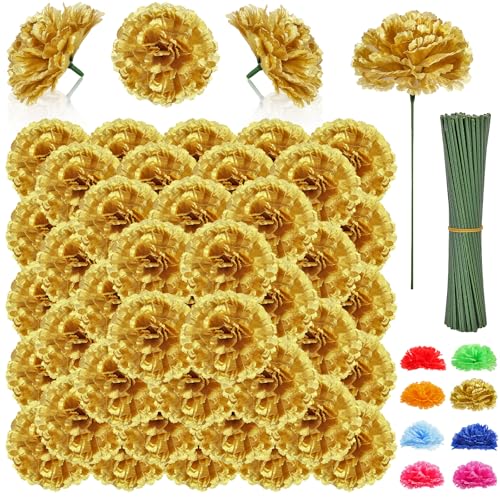 LELEE 108pcs Carnation Head Flowers with Stem - Gold Artificial Flowers Carnations Bulk - 3.5" Silk Carnation Fake Flower for Wedding Bouquet Baby Shower Centerpieces Grad Party Cemetery Grave Decor - color: Gold