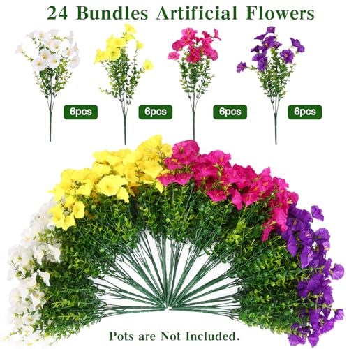 CEWOR Artificial Flowers for Outdoor Indoor, Fake Silk Morning Glory with Eucalyptus Leaves, Faux Flower for Garden Front Door Porch Planter Patio Home Decor (24 Bundles, Fuchsia Yellow White Purple) - color: 4 Color Morning Glory