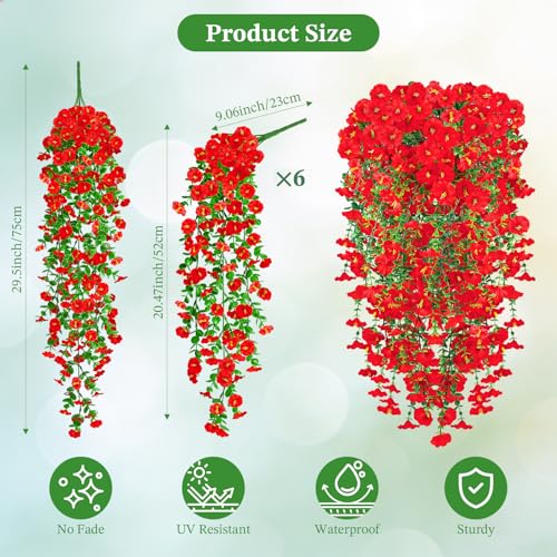 Artificial Hanging Flowers for Outdoors, 6Pcs UV Resistant Morning Glory Vines Fake Flowers with Eucalyptus, Realistic Silk Faux Hanging Plants Decor for Outside Planter Porch Patio (Red) - color: Red