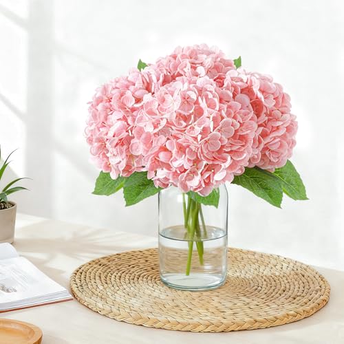Real Touch Pink Hydrangea Artificial Flowers with Stems, Fake Silk Flowers for Outdoors, 3 Pcs Artificial Flowers for Home Decor Wedding Bouquets Centerpieces Vase - color: Pink, size: 3 Pcs
