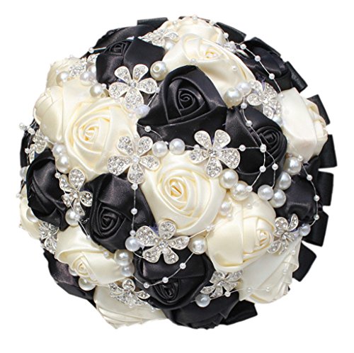S_SSOY Wedding Bouquet Bride Bridal Brooch Bouquets Bridesmaid Bouquet Diamond Pearl Ribbon Valentine's Day Confession Party Church with Free Corsage Flower, Black+White - color: Black+white