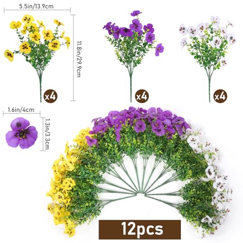 Artificial Pansies Flowers for Outdoor Faux Flower Spring Summer Decor, 12 Bundles Realistic Fake Silk Flowers Outside UV Resistant for Porch Patio Garden Home Yard Window Planter Purple Yellow White - color: Purple Yellow White