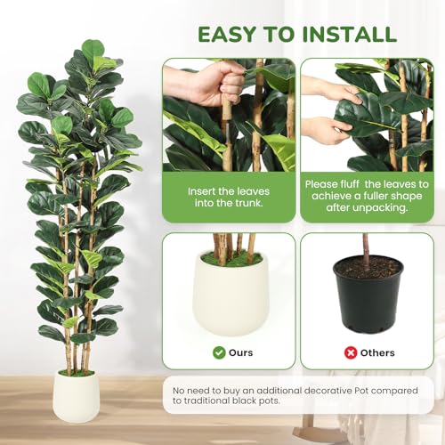 Garvee Artificial Fiddle Leaf Fig Tree with White Planter, Fake Plant with Natural Wood Trunk, Faux Ficus Tree Fake Moss for Home Office Living Room Decor - size: 7ft