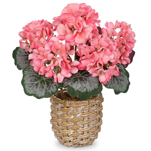 Briful Artificial Pink Geranium Flowers in Woven Basket, 11’’ Tall Silk Flower Arrangement, Realistic Geraniums Artificial Outdoor Plants for Home Indoor Farmhouse Table Wedding Centerpiece Decor - color: 11'' Tall Pink, Woven Basin