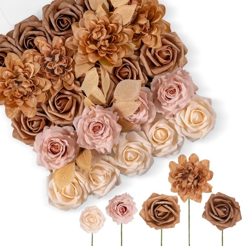 TINGE TIME Artificial Flowers Combo Set, Gradient Color Flower Leaf with Stems for DIY Wedding Bouquets Centerpieces Baby Shower Party Home Decorations(Brown & Nude Color) - color: Dark Milk Tea