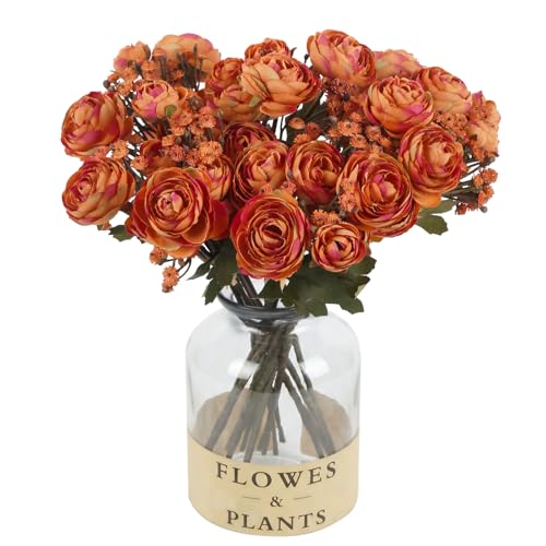 Orange Ranunculus Artificial Flowers 5 Bouquets Fake Silk Mini Ranunculus 15PCS Realistic Faux Peonies Spring Flowers for DIY Wedding Bride Shower Centerpiece Home Vase Filler Decoration (Orange) - color: Orange