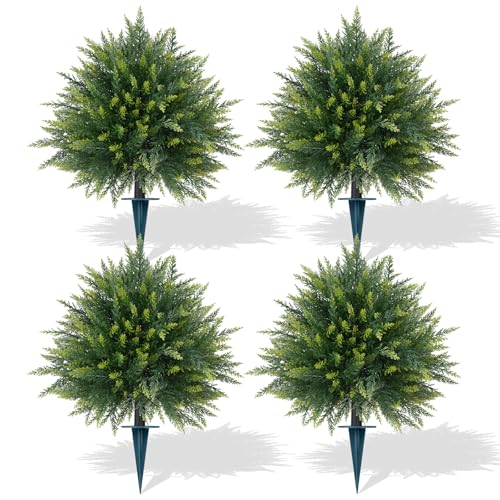 Artificial Cedar Topiary Trees with Ground Spike, 4 Pieces Fake Pine Shrubs Bushes, UV Resistant Faux Evergreen Cypress Tree Plants for Indoor Outdoor Planters Front Porch - color: Cedar Ball 4pcs