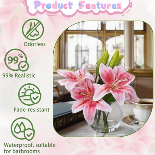 Rose Red Lilies Flowers with Fake Water Artificial Lilies Fake Flowers in Vase for Home Decor Centerpieces for Tables Gifts for Mom - color: B-lily-rose Red