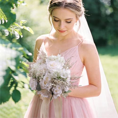 Wedding Bouquets for Bride & Bridesmaid, 10 Inch White Champagne Artificial Roses Flowers for Wedding Ceremony, Church, Party Decoration - color: White Champagne
