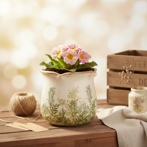 Xiaan Jiaju Cottagecore Ceramic Vase and Planter, 6 Inch Flower Pot with Drainage for Indoor House Plants, Country Cottage Garden Home Decor, Rustic Farmhouse Gift for Plant Lovers - color: Cottage Fern