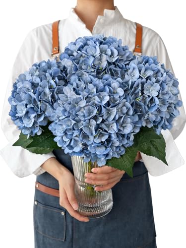 JINWOE Retro Blue Silk Artificial Hydrangeas Flowers, 4PCS 21" Vintage Large Lifelike Faux Flowers, Full Fake Flowers for Outdoor Porch Bouquet Table Centerpieces Wedding Home Indoor Baby Showers - color: Grey Blue