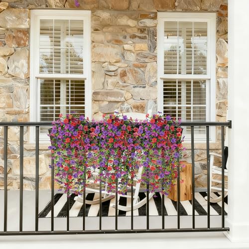 Hrobek 4 PCS Artificial Hanging Plants Flowers for Outdoor Srpring Summer Decoration, Fake Realistic Daisy Eucalyptus for Outdoors, Faux Plastic Greenery Long Vine Indoor Wall Patio Porch Decor - color: A-purple Red Brown